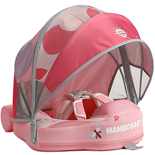 Image of 2023 New Mambobaby Swim Float with Baby Stroller Canopy Mambo Baby Pool Float Non Inflatable Solid Infant Baby Float Ring with Tail for Baby Infant Aged 3-24 Months