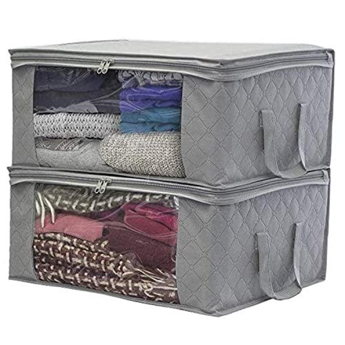 Lot de 2 sacs de rangement pour vêtements, sous-lit, boîte de rangement pour couettes et oreillers, réutilisables, rangement de vêtements pliable (gris)