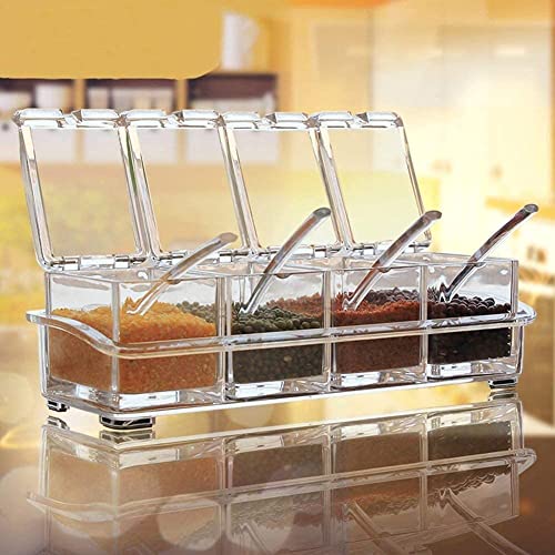 PRIYVRAT Crystal Spice Rack Seasoning Acrylic Box Pepper Salt Spice Rack Plastic 4 Box with Spoons Kitchen See Through Storage Containers Cooking Tools