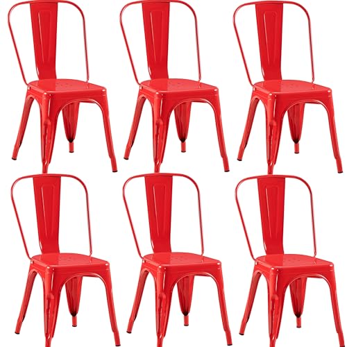Image of Metal Dining Chairs with Backrest, Stackable, Red, 6 Pack | Easy Assembly, Non-Slip Feet, 330 lb Capacity, Kitchen, Restaurant, Cafe, Pub, Covered Patio