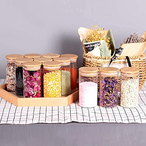 Image of Round Spice Jars with Airtight Bamboo Lid 270ml Glass Jars for Kitchen Storage Set of 12 Containers Spices, Coffee Beans & More set of 12 (270 ML-ROUND-X JAR-)