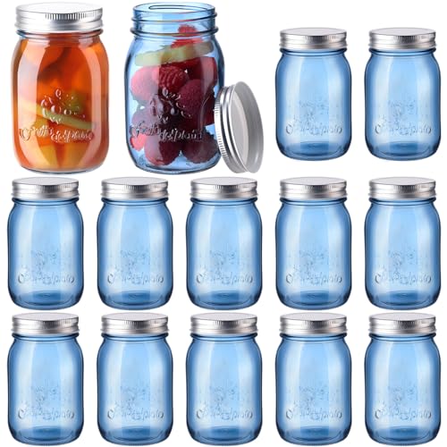 Yaomiao 12 Pack Blue Mason Jars with Lids 16oz Regular Mouth Pint Vintage Canning Jars Centerpieces Bulk Airtight Glass Jars Container for Storage Pickling Fermenting Preserving DIY Crafts Home Decor
