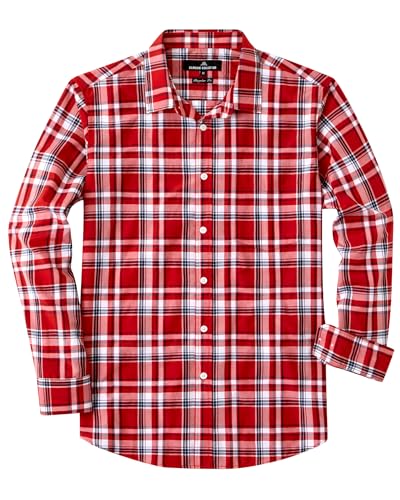 J.VER Mens Button Down Shirts Cotton Long Sleeve Shirt Work Collared Stylish Checked Tops with Pocket Red XL