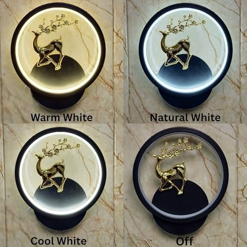 Image of Modern Round LED Wall Light with Golden Deer & Branch Design, Multi-Colour LED, Elegant Decorative Lamp for Living Room & Bedroom, Pack of 2