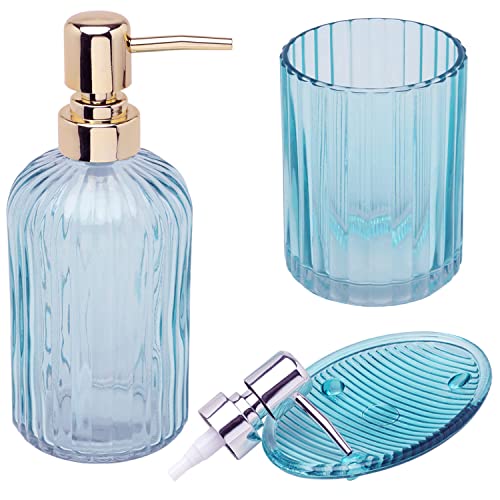 G Decor Juego moderno de accesorios de baño de vidrio prensado transparente de 3 piezas, incluye dispensador de jabón líquido o loción, soporte para cepillo de dientes, jabonera (azul) Cover