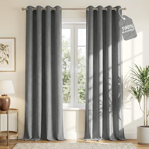 NICETOWN 100% Blackout Grey Curtains Linen Blend with White Liner Composite, Grommet Thermal Drapes Sound Reducing Relax Home Decor Window Treatments for Living Room, 2 Panels, W52 x L84