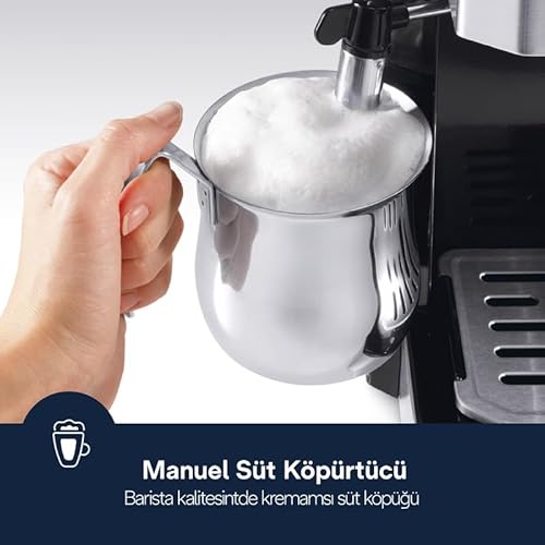 Foto von De'Longhi Kombikaffeemaschine BCO 421.S – Kaffeemaschine mit Espresso-Siebträger und Filterkaffee-Funktion inkl. Milchaufschäumdüse, Glaskanne & Wasserfilter-System, 1 l, Edelstahl/Schwarz, single