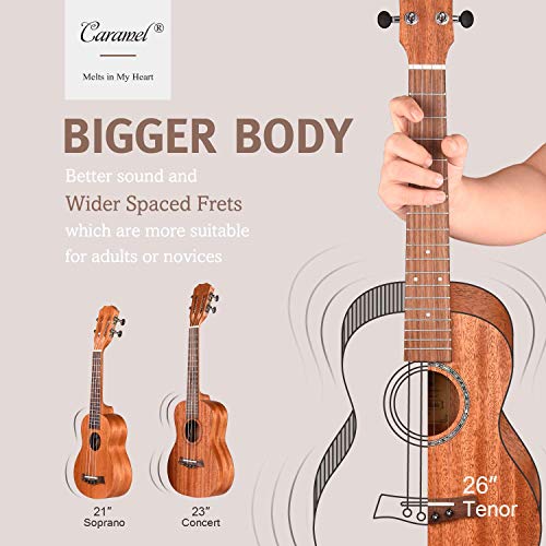 ALL SOLID MAHOGANY WOOD ! Tenor Ukulele Caramel 26 inch Professional ukulele Instrument Kit Small Hawaiian Guitar ukalalee Pack Bundle Gig bag, Digital Tuner, Strap, Strings Set
