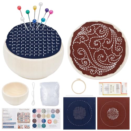 Image of FREEBLOSS 2 Set Sashiko Kit Embroidery Needlepoint with Japanese Pattern Sashiko Fabric Sashiko Thread and Needles Hand Embroidery Kit Sashiko Supplies for Hand Sewing Lover Embroidery Practice Kit