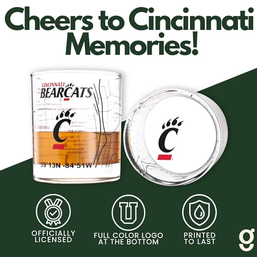 Image of Greenline Goods University of Cincinnati Bearcats Whiskey Glasses Set of 2, 10 oz Rocks Glasses with Full-Color Logo & Campus Map - Officially Licensed Bourbon Glass Gift for Alumni & Fans