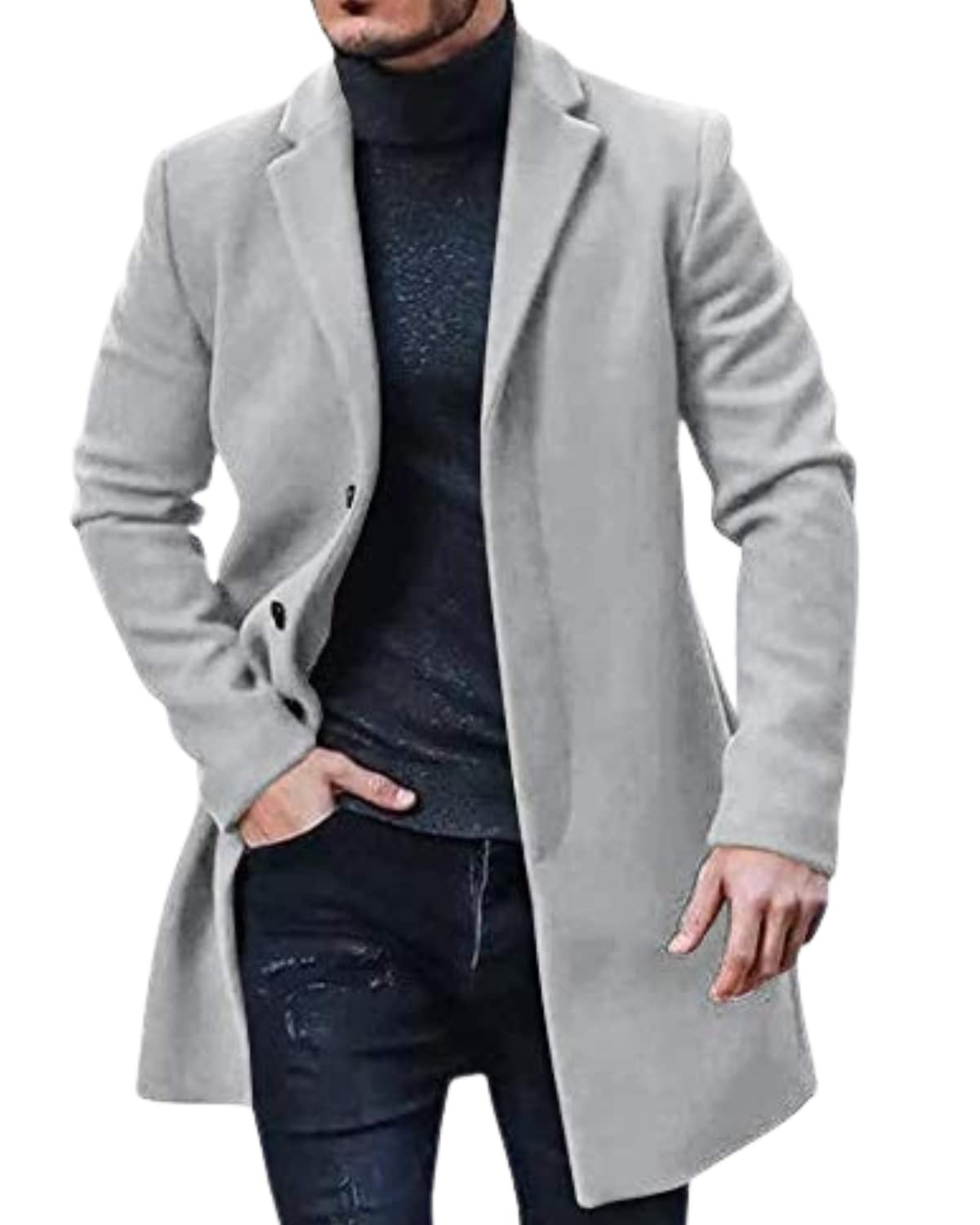 Men's Trench Coat Slim Fit Notch Lapel Single Breasted Top Coat Winter Warm Cotton Business Long Jacket Overcoat | Grey | 4XL-image-11