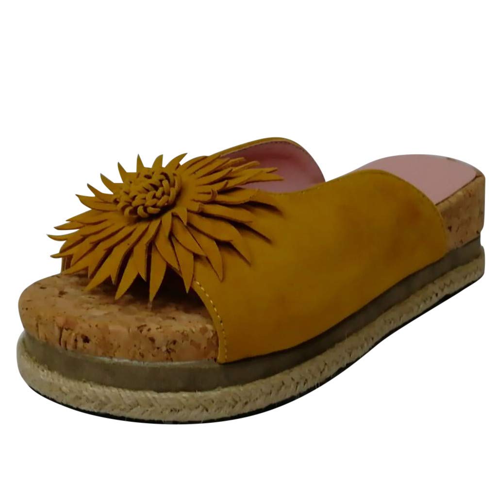 Womens Flat Slippers Chrysanthemum Open Toe Thick Bottom Non-Slip Bohemia Casual Sandals Shoes Chaofanjiancai Yellow