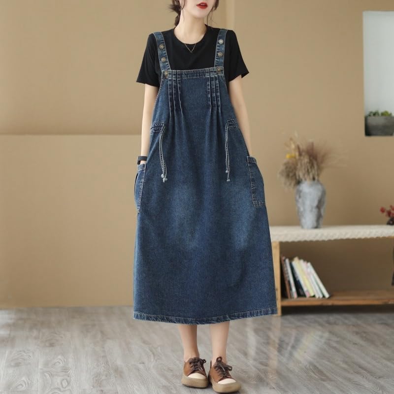 Robes Casual Femme,Robe Chasuble en Jean pour Femme Élégante Bleu Foncé sans Manches Débardeur Été Décontractée Ample Salopette en Jean Surdimensionnée Froncée Cordon De Serrage