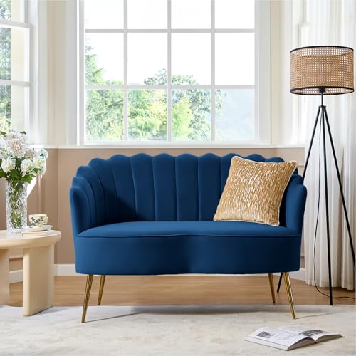 HULALA HOME Modern Velvet Loveseat Sofa with Flower Shaped Back, Comfy Upholstered 2-Seater Sofa with Gold Metal Legs, Small Love Seat Accent Couch for Living Bedroom Leisure Areas, Navy