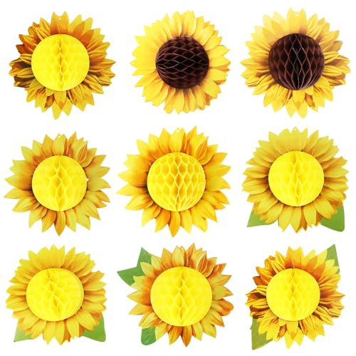 Erzekrim Lot de 9 décorations en forme de tournesol en nid d'abeille, éventails en papier à suspendre, boules en nid d'abeille, orange/jaune, pour...