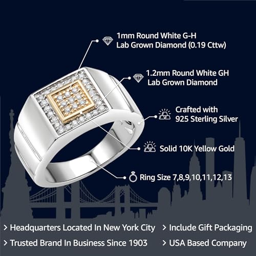 Gem Stone King Men's 10K Yellow Gold and 925 Sterling Silver 2 Tone White Lab Grown Diamond Ring for Men | 0.19 Cttw, | DEF Color | VVS-VS Clarity | Available In Size 7, 8, 9, 10, 11, 12, 132