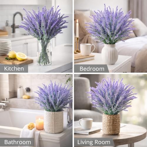 Image of CURATED CART Artificial Lavender Flowers Faux Plants for Vase Pot Home Decor Wedding Kitchen Garden Centerpieces Purple Lavender for Living Room Balcony Office Indoor Outdoor Decorations, 4 PCS