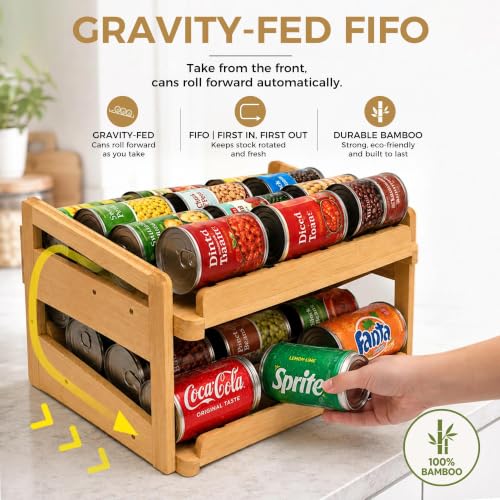 MinBoo-Bamboo-FIFO-Can-Organizer-for-Pantry-24-Can-Gravity-Dispenser-with-Adjustable-Dividers-Freestanding-Wood-Canned-Food-Storage-Rack-for-Soup-Soda-and-Pet-Food-155-W-x-116-D-x-94-H