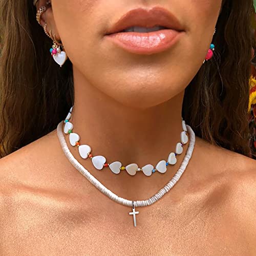MPRAINBOW White Puka Shell Necklace - Summer Beach Surfer Jewelry Handmade Hawaiian Smooth Seashell Necklaces for Girls Boys, Beaded Choker Cross Necklace Pendant with Extension Chain for Women Men3