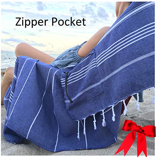 Lux Oversized 40x75 Very Absorbent Cotton Beach Towel W/Hidden Zipper Pocket 100% Natural