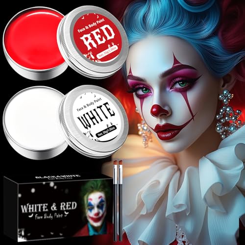 Maquillaje Carnaval Blanco y Rojo, Pinturas cara para Niños Adulto Halloween, Kit Maquillaje Halloween Profesional, Pinturas cara Carnaval Corporales para Teatral Fiesta Cosplay 60g