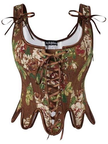 SCARLET DARKNESS Damen Viktorianisch Corset Top Lace-up Dunkelbraun Blumendruck Festlich Bustier Elegant Retro Corsage 44