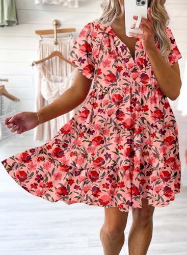 Image of Dokotoo Womens Summer Casual Boho Floral Dresses 2026 V Neck Short Sleeve Sundresses Flowy Swing A-Line Mini Dress