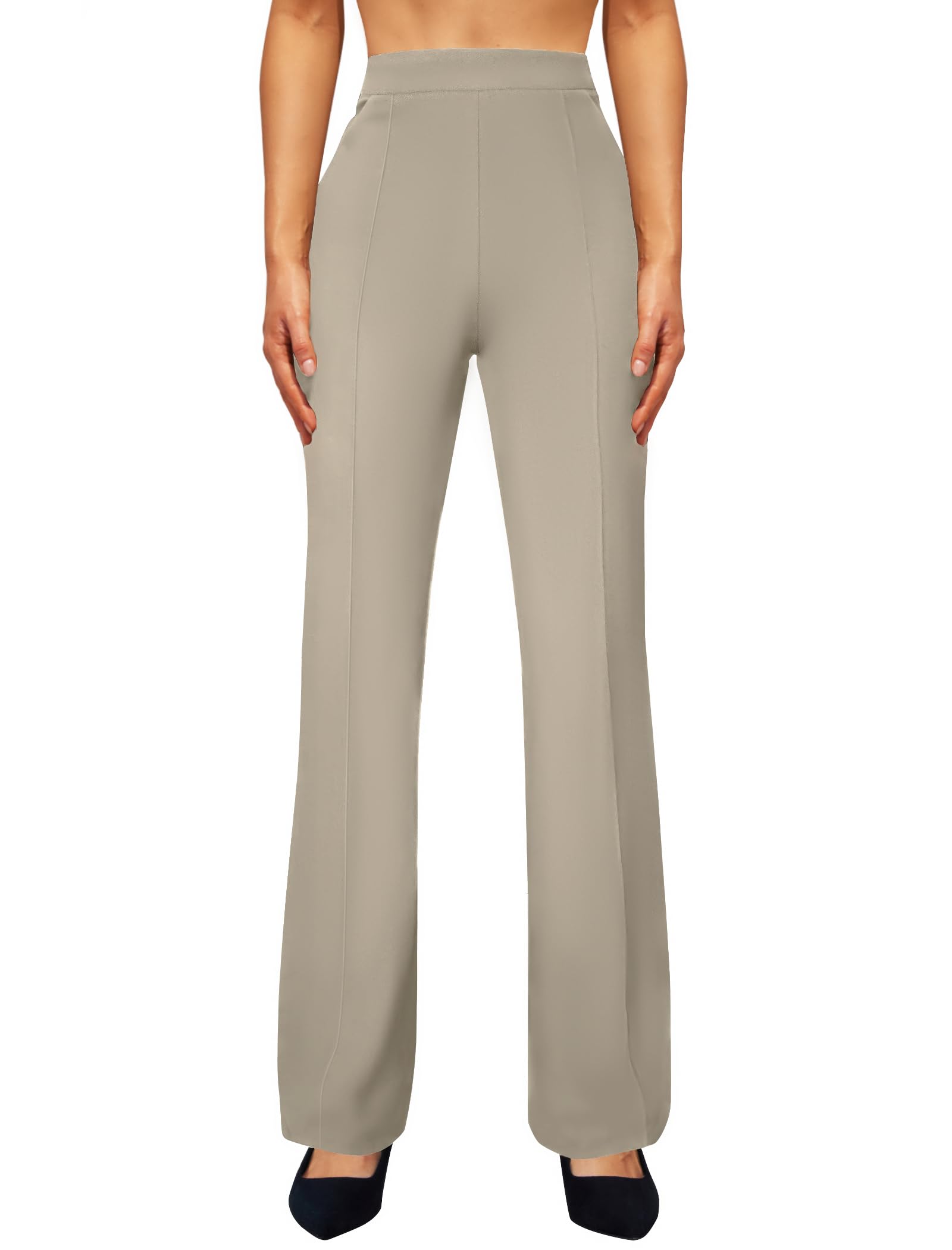 Womens High Waist Dress Work Pants Stretchy Casual Business Office Slacks Bootcut Flare Trousers Brown