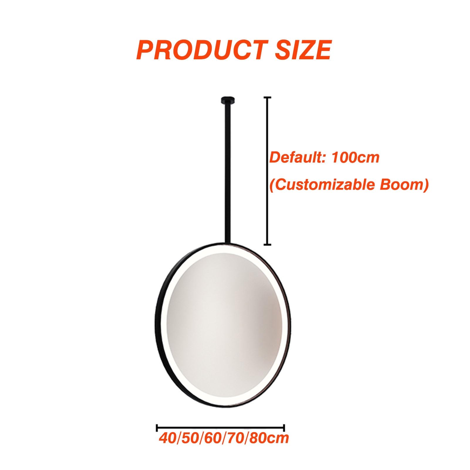 Okrągłe lustro łazienkowe sufitowe podwieszane oświetlenie LED z przyciskiem dotykowym (czarne, 80 x 80 cm)