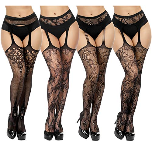 TGD Womens Plus Size Stockings Suspender Pantyhose Fishnet Tights Black Thigh High Stocking 4Pairs (Black 40506090)