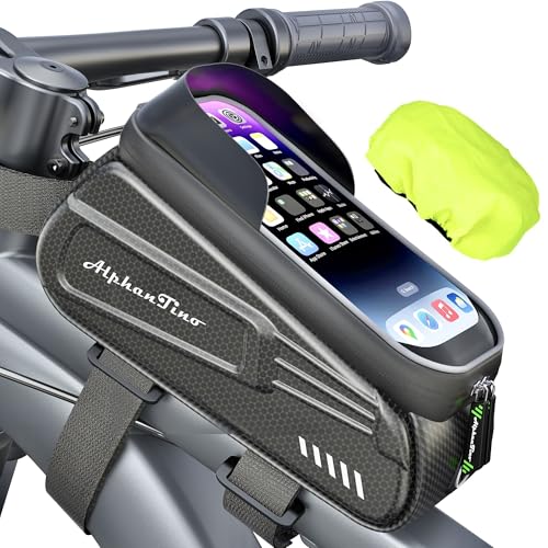 Alphantino Bike Phone Holder Bag - Waterproof Hard Case Large Capacity Top Tube Front Frame Bicycle Pouch Cycling Mount, Bike Accessories, TPU Touch-Screen & Sun-Visor (Green ZIpper)
