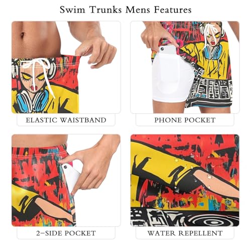 Mens Swim Trunks with Liner, Dj Woman Graffiti Cool Quick Dry Beach Swim Shorts, Swimwear Bathing Suits S3