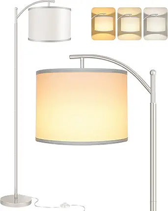 ROTTOGOON Floor Lamp for Living Room, LED Standing Lamp with White Lamp Shades for Bedroom, 9W LED Bulb Included - Silver