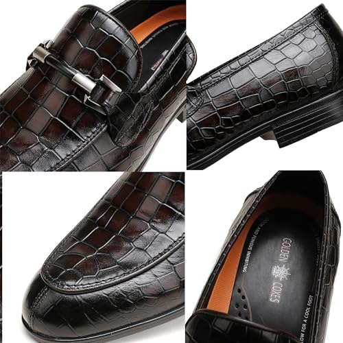Image of Mens Leather Penny Loafers, Classic Crocodile Printed Business Dress Shoes with Metal Buckle Slip on Penny Shoes for Mens