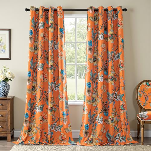 Image of MYSKY HOME Orange Floral Blackout Curtains 84 inches Long for Living Room Bedroom Room Darkening Thermal Insulated Energy Efficient Drapes Grommet Country Window Panels for Home Decor, 2 Pcs, 52 inch Wide