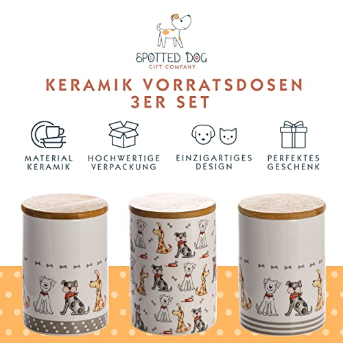 SPOTTED DOG GIFT COMPANY Vorratsdosen Keramik mit Deckel Luftdicht - 3 Vorratsbehälter vielseitig Aufbewahrungdose für Mehl Kaffee Tee Leckerli Zucker Dose, Kapazität je 1.2 Liter, Hunde Motiv