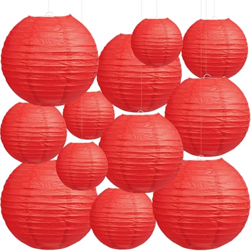 Red Paper Lanterns 12Pcs 6-12 Inch Round Hanging Party Decorations