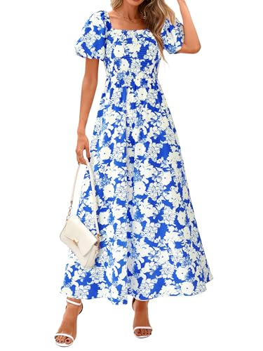 BTFBM Womens Summer 2025 Casual Maxi Dresses Short Sleeve Smocked Tiered Floral Boho Long Beach Dress with Pockets
