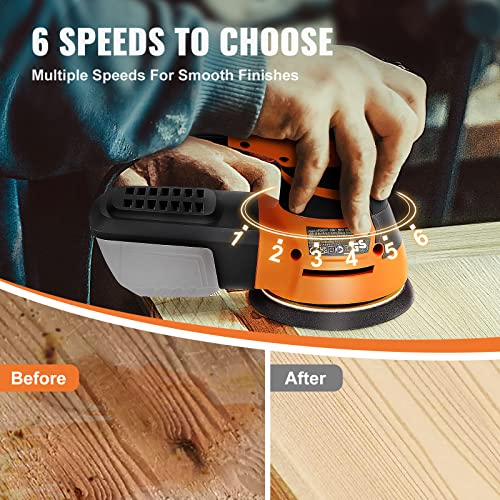 Vevor Random Orbit Sander, 3A 350W Orbital Sander, 6 Speeds 13000 Opm 5" Palm Sander With 2Pcs Hook-And-Loop Sanding Discs & Vacuum Connector, For Woodworking, Detailing, Finishing #TOP3