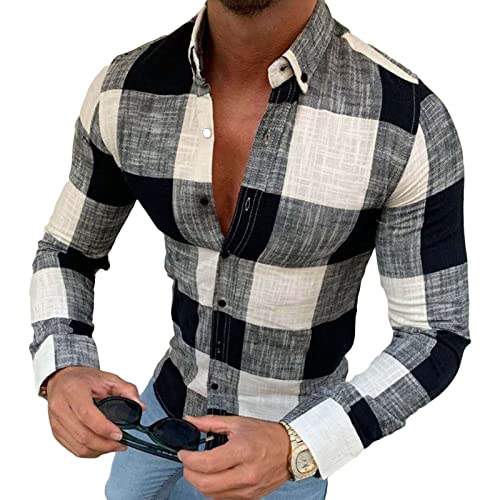Men Collarless Plaid Long Sleeve Casual Shirt Business Dress Shirt Slim Fit Linen Beach Shirt Band-Collar Shirt