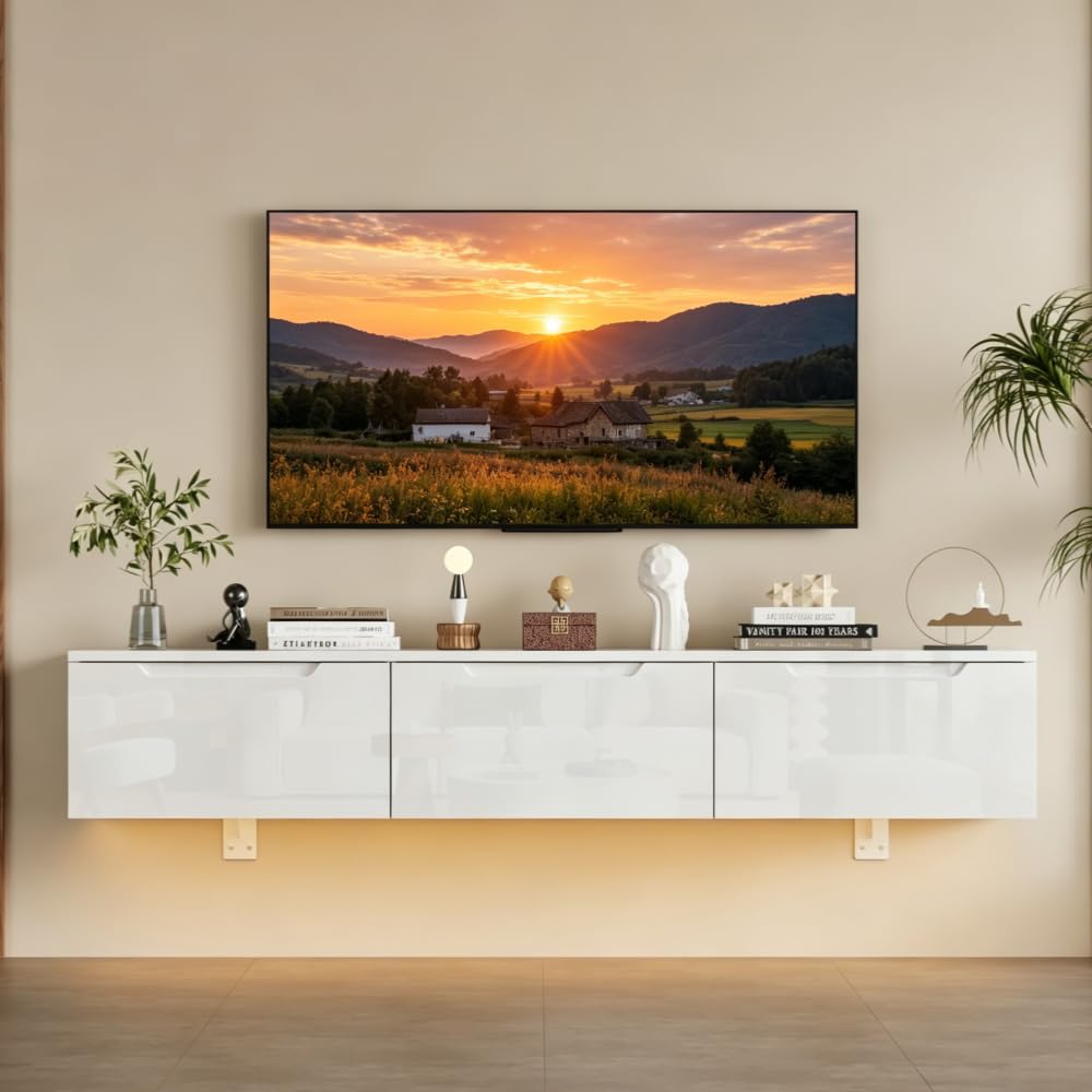 Redd Royal 140cm Floating TV Unit Stand with Led Light, Wall Mounted TV Media Cabinet Entertainment Center with Drawer and Shelves White High Gloss for 32"-65" TV for Living Room Bedroom