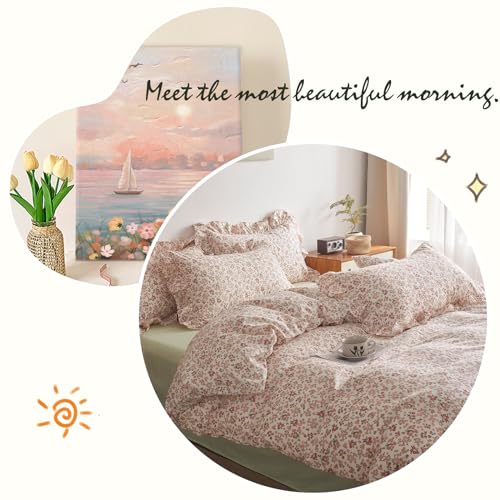 VM VOUGEMARKET Cotton Duvet Cover Twin Pink Flower Duvet Cover with Ruffle Pillowcases Teen Girls Aesthetic Bedding Set Garden Style Blooming Comforter Cover with Zipper Ties (3 pcs,68x86 Inch)