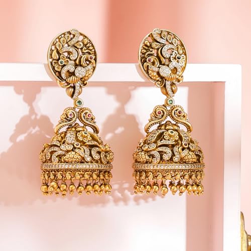 Image of Rubans Gold-Plated Jhumka Earrings for Women & Girls | Jhumki Traditional Wedding Fashion Ethnic Designer Jewellery Statement Gift