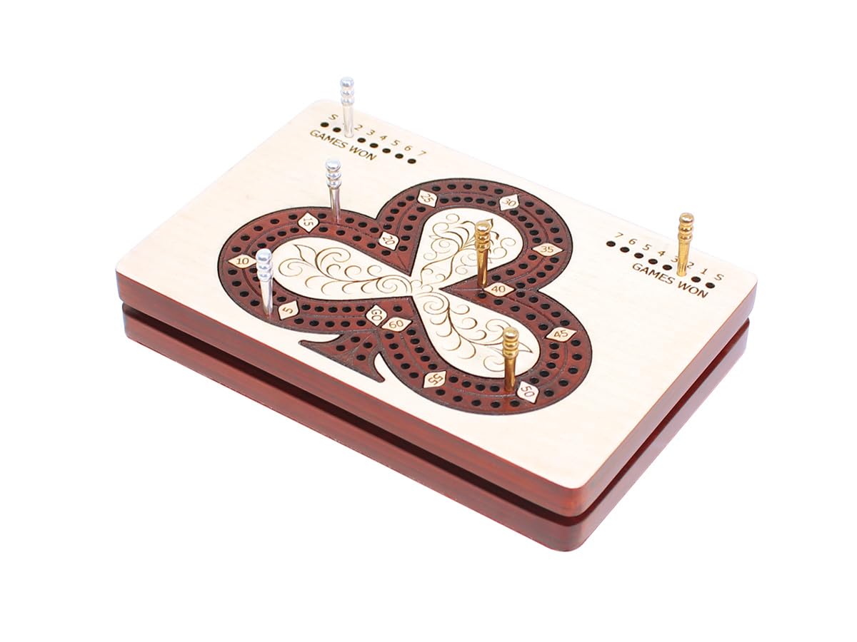 House of Cribbage2 Track Wooden Travel - Pocket Size Cribbage Board - Club () Design - Size: 4.75 Inch - Maple Wood/Bloodwood - Storage Space for Cribbage Pegs - 60 Points - Non Continuous