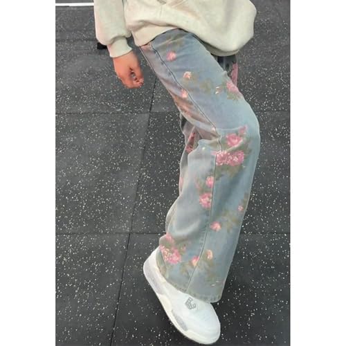 Baggy Jeans Men Vintage Y2k Floral Jeans Flower Print Casual Streetwear for Skater Wide Leg Denim Pants Hip Pop2
