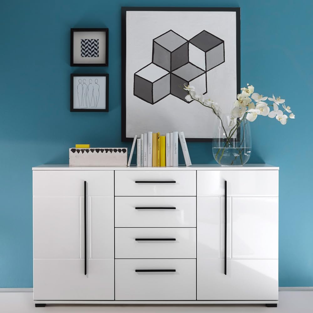 Lomadox Wohnwand Set in weiß Hochglanz mit 2 Vitrinen inkl. LED und großem Sideboard BxHxT: 300x200x42cm