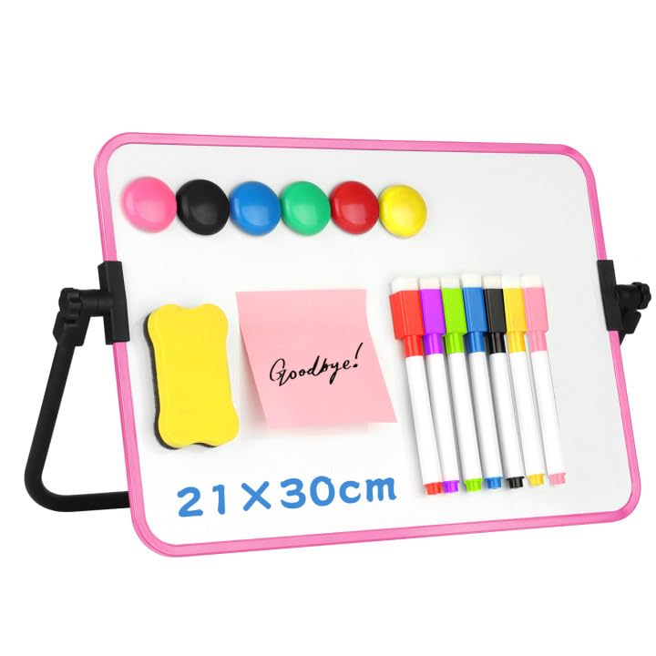 Portable Dry Erase Whiteboard,30×21 cm Double Sided White Board Small Whiteboard with Stand,Magnetic A4 Whiteboards with Dry Erase Pens,Magnets and Eraser for Desk Office Kitchen(Pink)