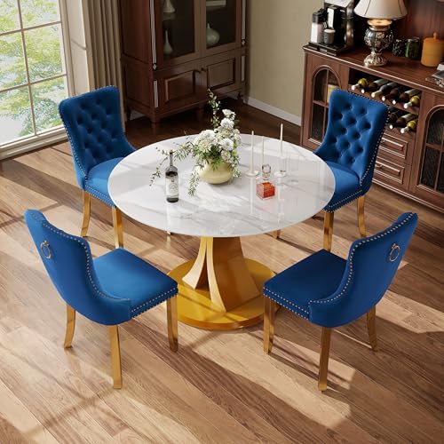 Image of 5-Piece Dining Table Set with 39In Faux Marble Table and 4 Velvet Upholstered Chairs, Modern Scandinavian Furniture for Dining Room Kitchen(Blue&Gold)