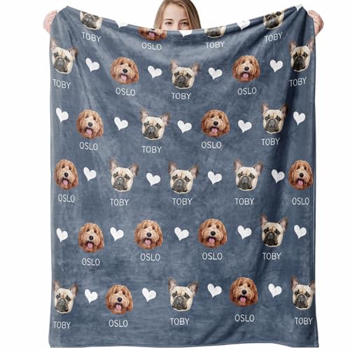 Custom Blanket with Pets Pictures & Name Personalized Funny Cat Dog Face Throw Blankets Soft Warm Plush Fleece Customized Blanket for Couch Bed Sofa Gifts for Dog Dad Mom Pet Lovers
