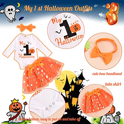 My First Halloween Baby Girl Outfit 3Pcs Pumpkin Bodysuit + Tulle Skirt + Bow Headband Clothes Set (White & Orange, 0-3 Months) #TOP4
